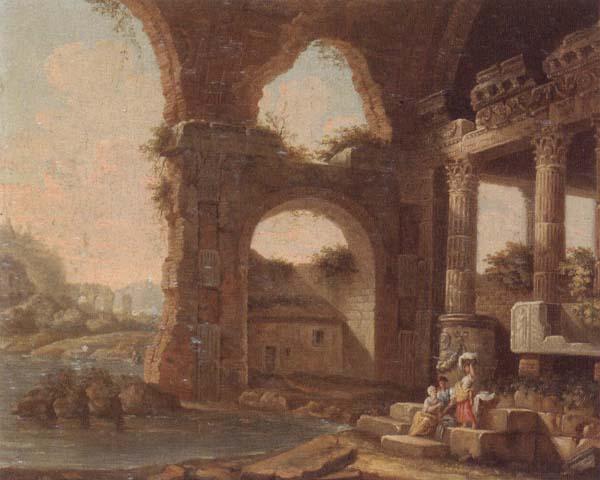 unknow artist An architectural capriccio with washerwomen by a river oil painting image